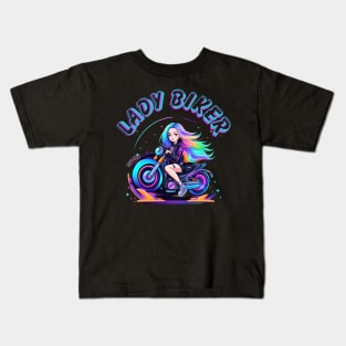 Lady biker with neon colorful Kids T-Shirt